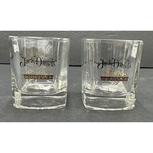2 Vintage  Jack Daniels Whiskey Square 6 oz Rocks Low-Ball Heavy Glass Gold Text